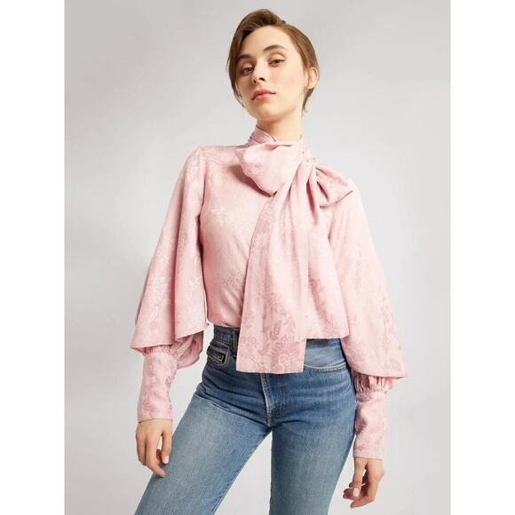 Millie Womens XL Top in Pink Jacquard Tie Neck Layered Sleeves Button-Up NWOT - Picture 3 of 14